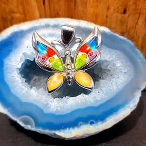 Alan K Sterling Silver Butterfly Flower Milliefori Pendant